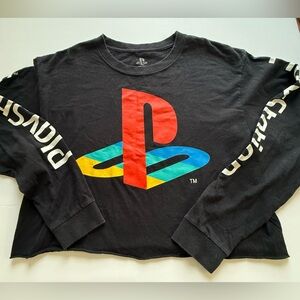 Sony PlayStation Black Long Sleeve Cropped Shirt with Logo Gaming Street Grunge